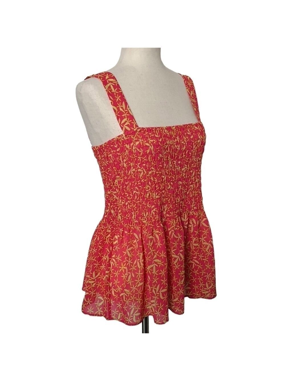 Rose+Olive Smocked Flowy Peplum Tank Top Sleeveless Pink Floral Womens Size M